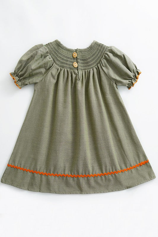 Green Scarecrow Pumpkin Smocked Dress