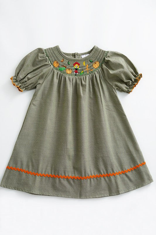 Green Scarecrow Pumpkin Smocked Dress