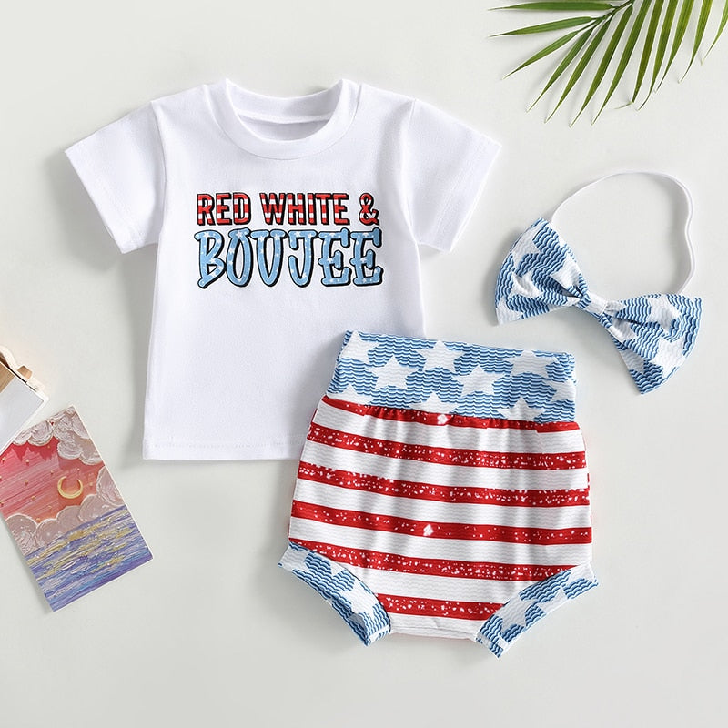 Girls Red White and Boujee T-Shirt, Bummies and Bow