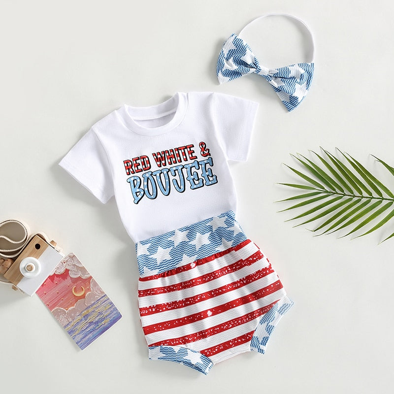 Girls Red White and Boujee T-Shirt, Bummies and Bow
