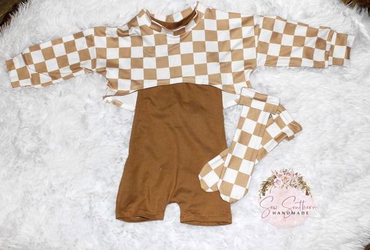 Beige Romper with Checkerboard Crop Top-Checkered Socks-Baby Girl
