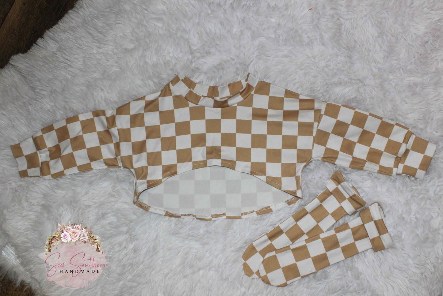 Beige Romper with Checkerboard Crop Top-Checkered Socks-Baby Girl