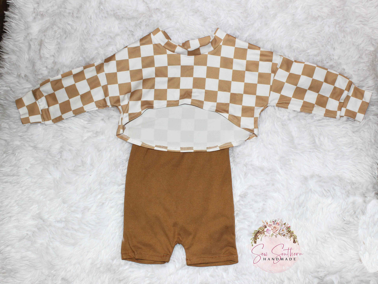 Beige Romper with Checkerboard Crop Top-Checkered Socks-Baby Girl