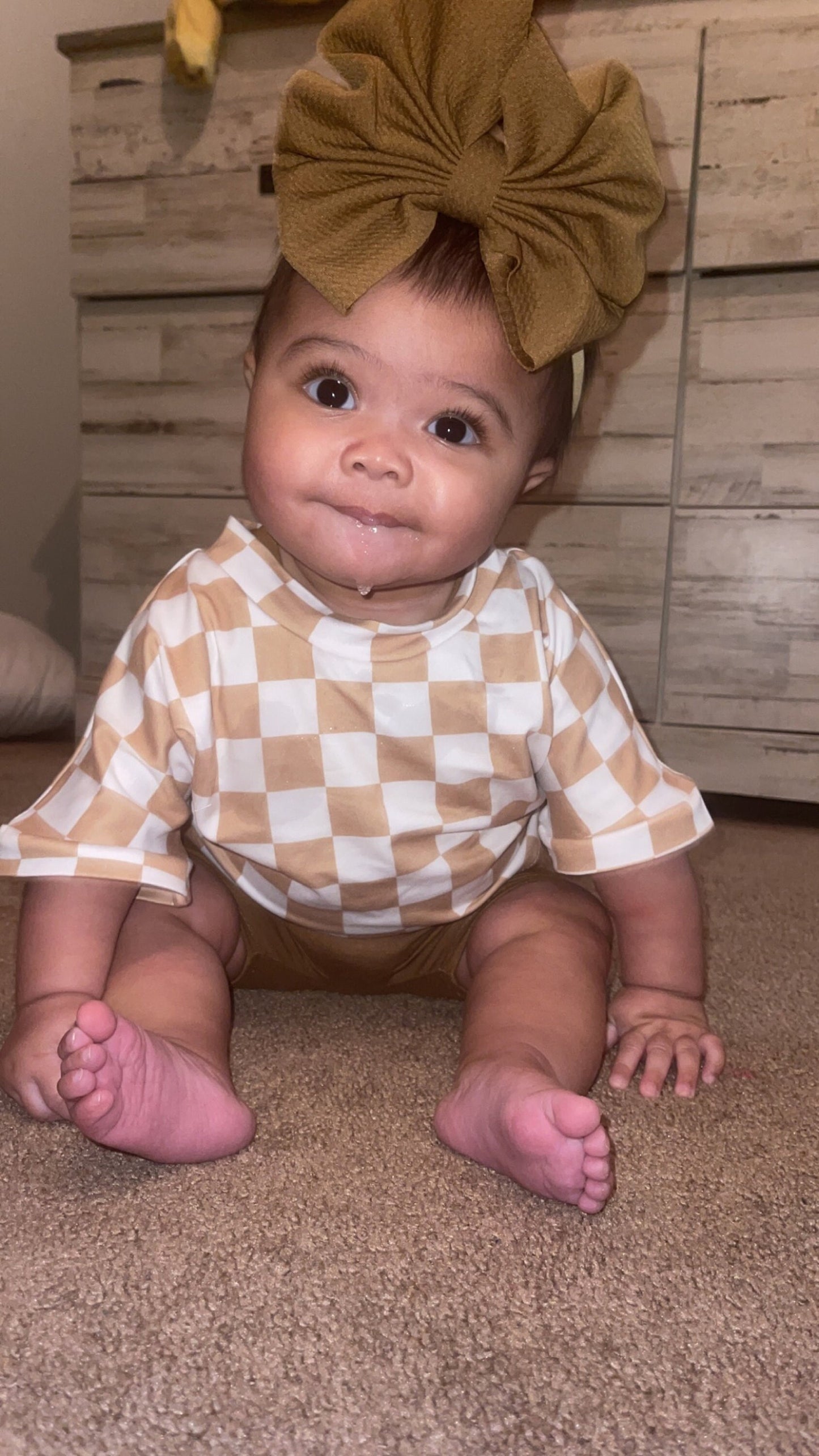 Beige Romper with Checkerboard Crop Top-Checkered Socks-Baby Girl