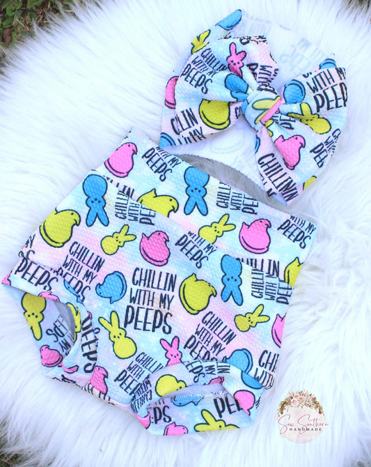 Chillin With My Peeps Bummie and Bow Set, Toddler Bummies, Baby Bummies, Baby Diaper Cover, First Easter, Peeps/Peeps Easter Bummies