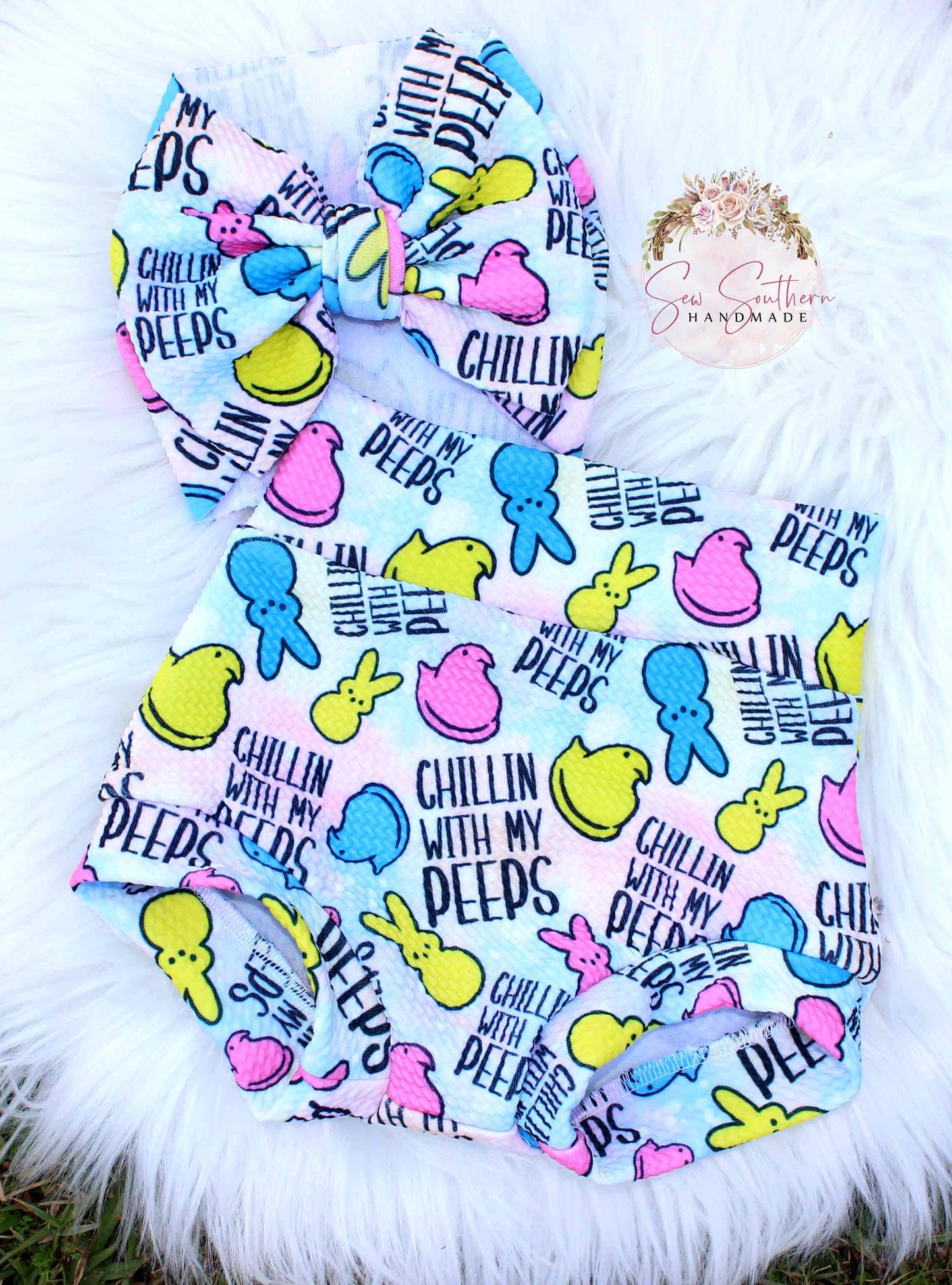 Chillin With My Peeps Bummie and Bow Set, Toddler Bummies, Baby Bummies, Baby Diaper Cover, First Easter, Peeps/Peeps Easter Bummies