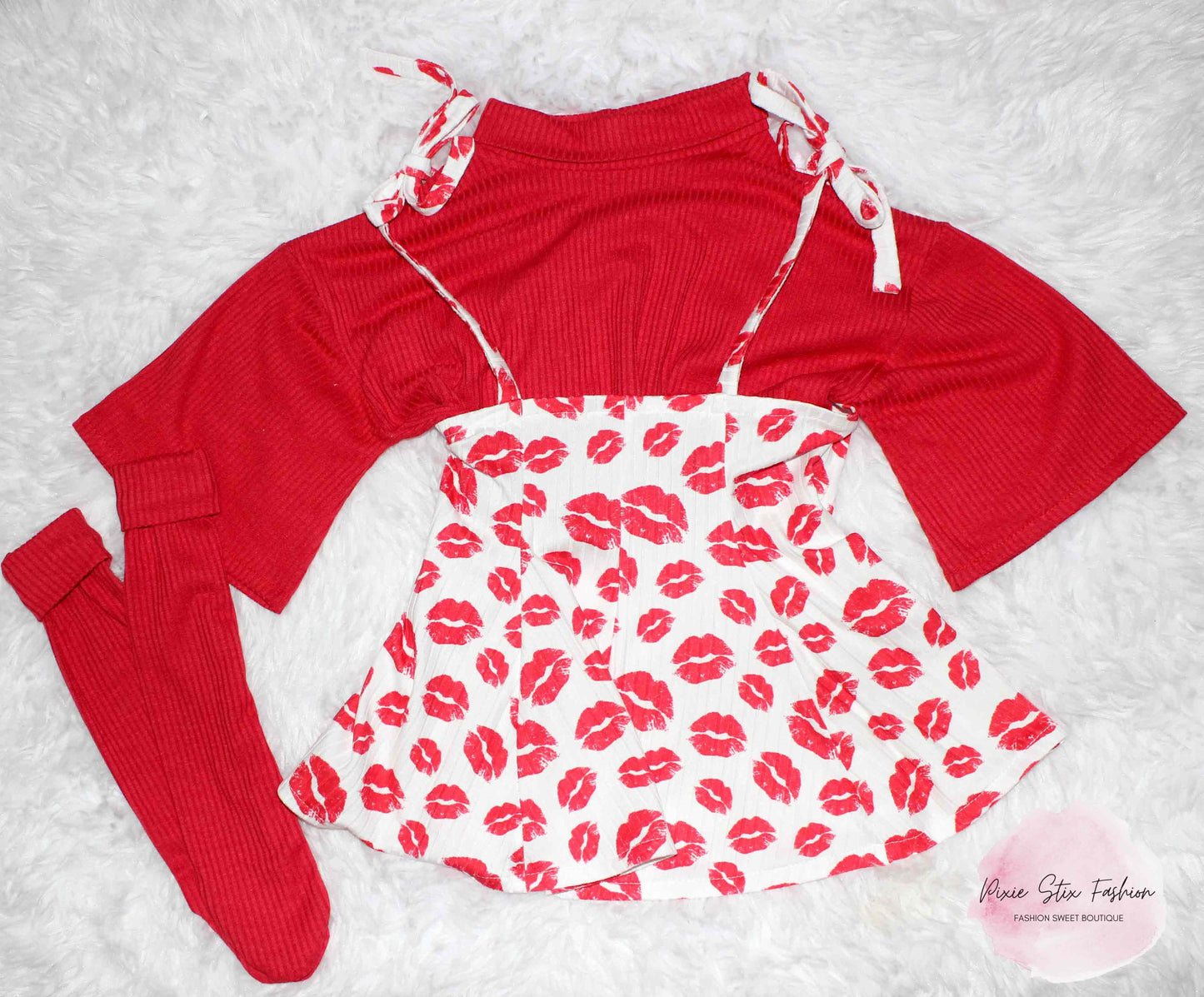 Valentine's Day Kisses Baby Girl Jumper Dress, Sweater, Bow and Matching Socks