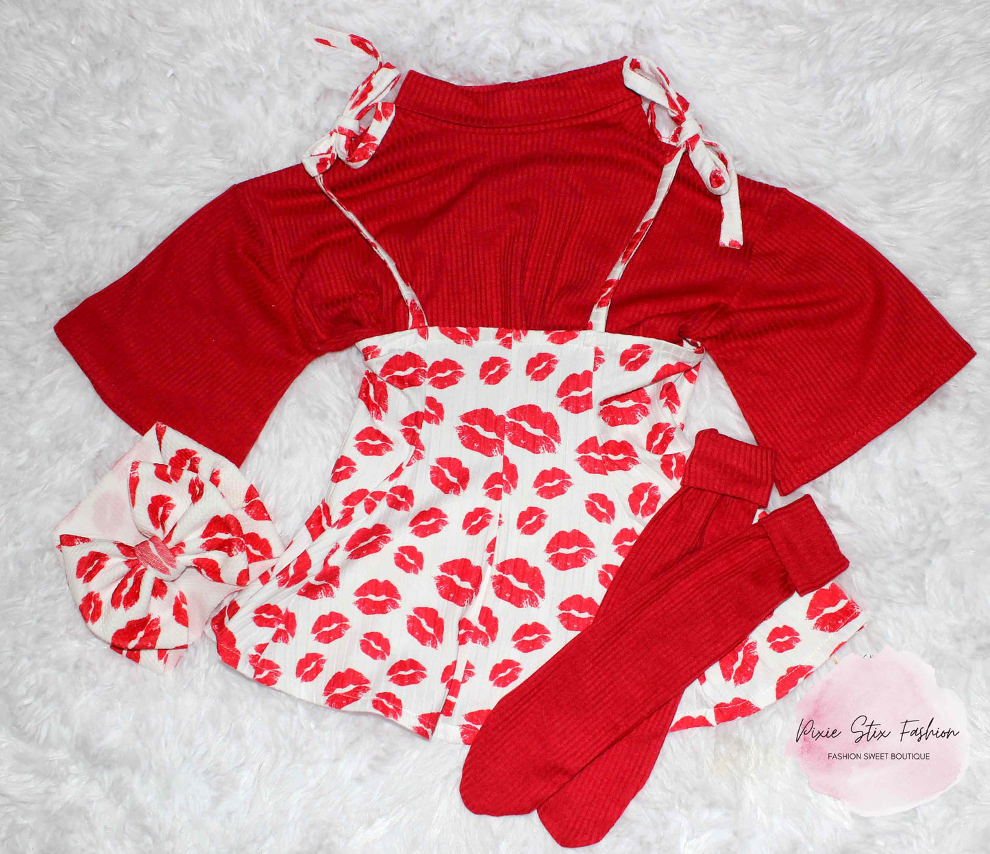 Valentine's Day Kisses Baby Girl Jumper Dress, Sweater, Bow and Matching Socks