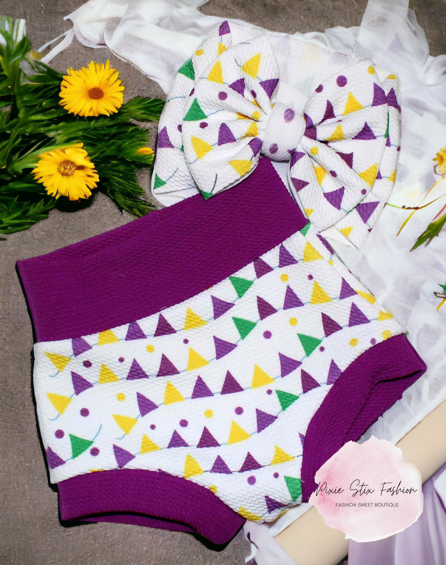 Mardi Gras Baby Bummie and Bow Headwrap/Toddler Bummies/Baby Diaper Cover/Louisiana Baby/First Mardi Gras Outfit/Mardi Gras Flags