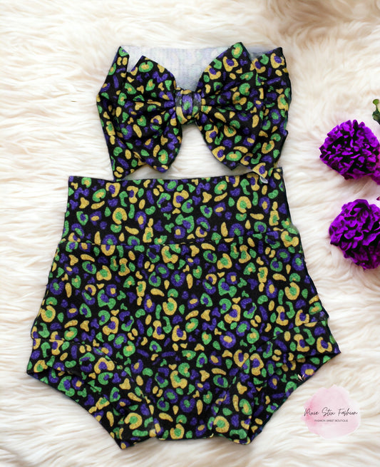 Baby Girl Mardi Gras Baby Bummie and Bow Set, High Waisted Toddler Shorts, Mardi Gras Cheetah/Leopard Bummies/Diaper Cover, Louisiana Baby