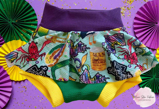 Mardi Gras Skort/Baby Girl Mardi Gras Skirt/Mardi Gras High Waisted Mardi Gras Bummies/Mardi Gras Bow