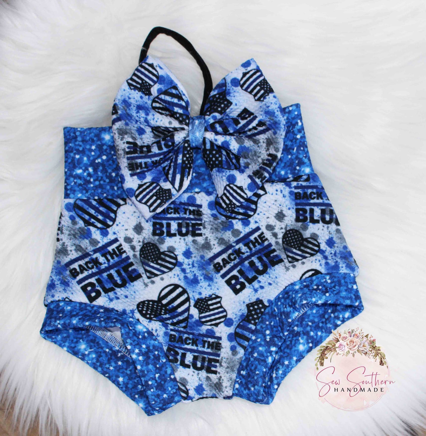 Back The BLUE Bummie, Baby Shorts, Thin Blue Line, High Waisted Bummie Shorts
