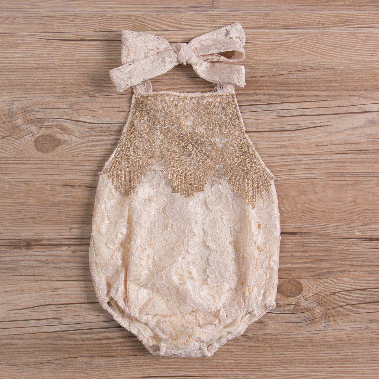 Gilda Lace Romper-Gold Lace Bubble Romper