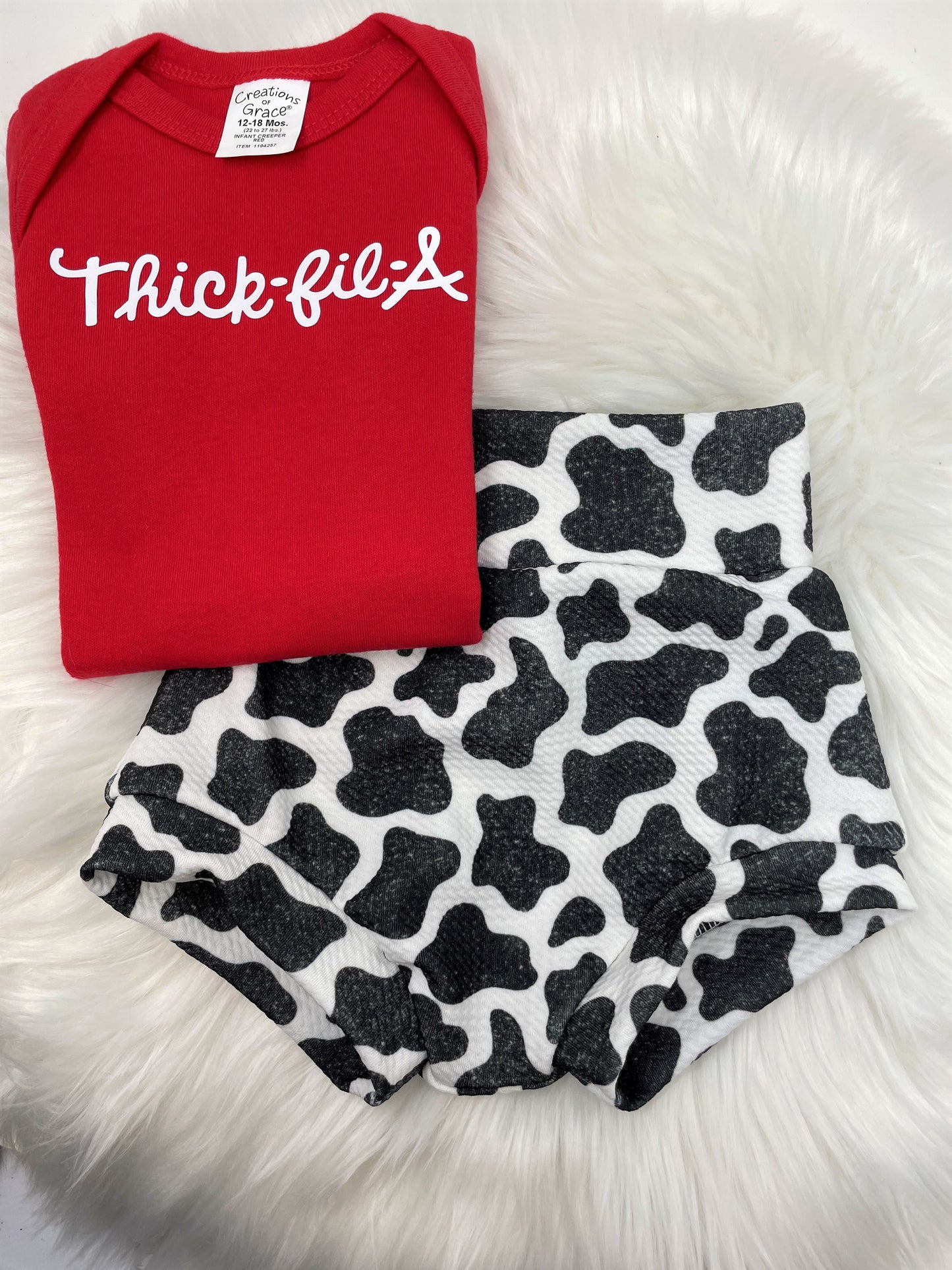 Thick Fil A Baby Bodysuit and Cow Print Bummies with Bow