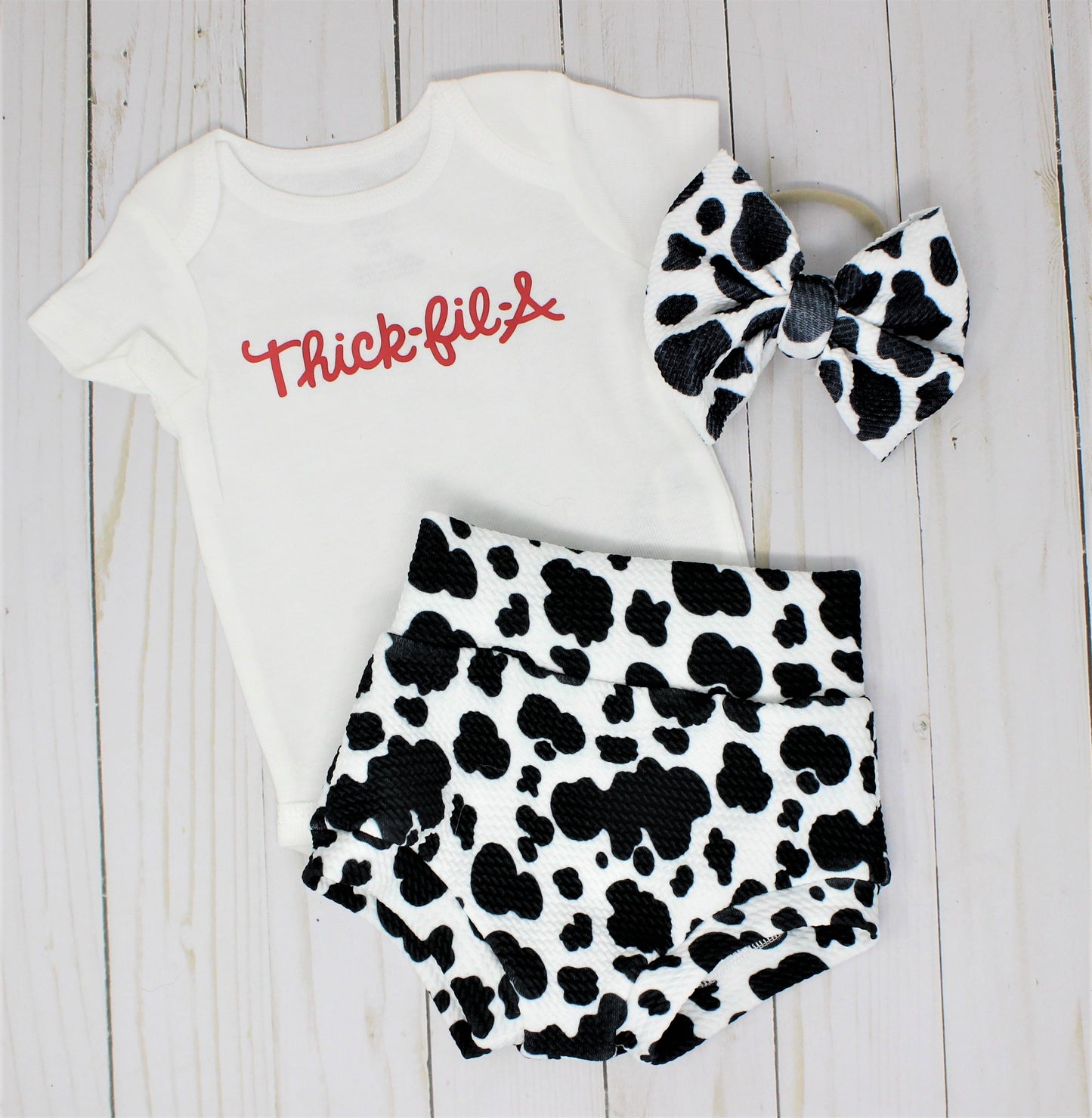 Thick Fil A Baby Bodysuit and Cow Print Bummies with Bow