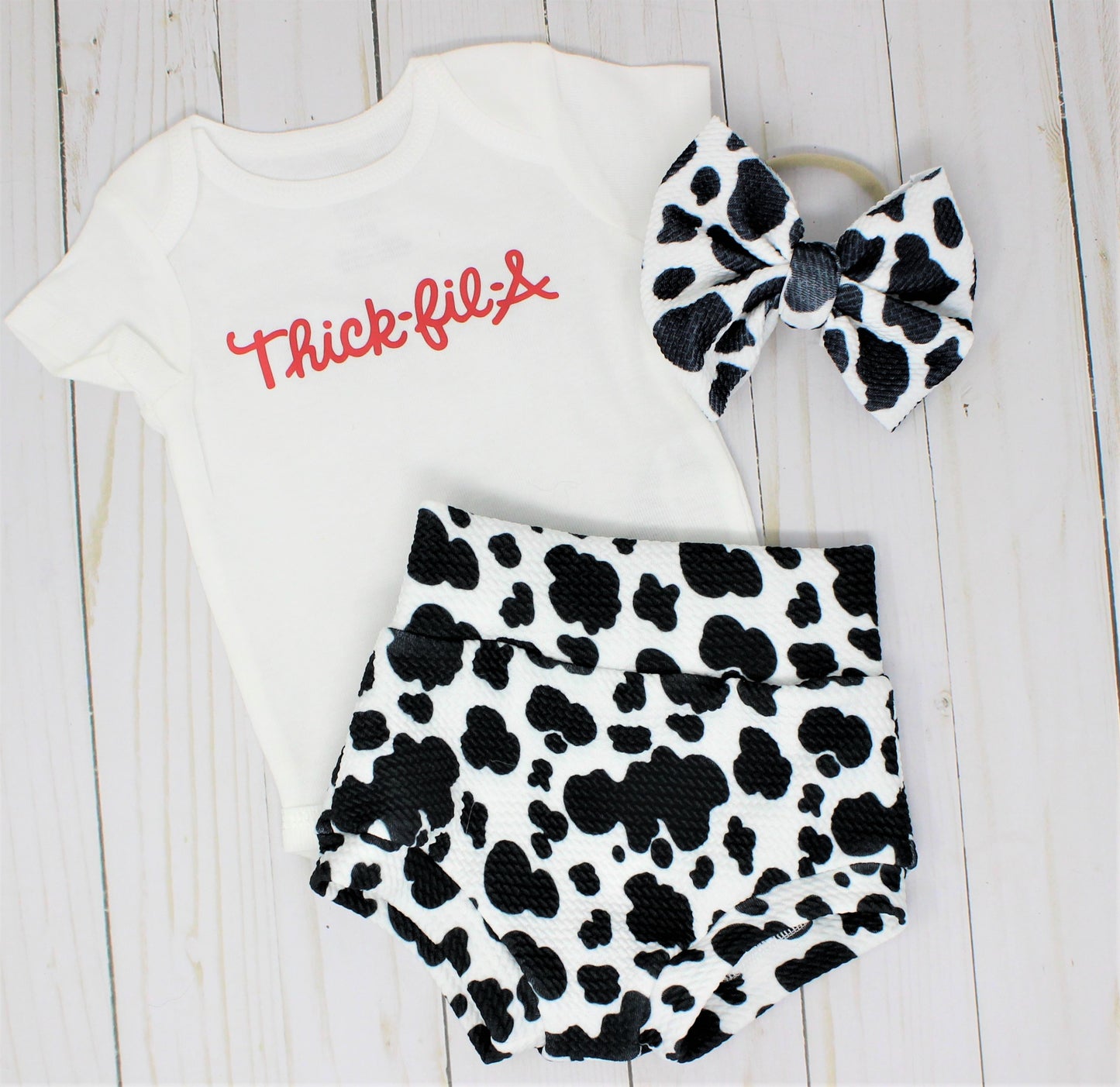 Thick Fil A Baby Bodysuit and Cow Print Bummies with Bow