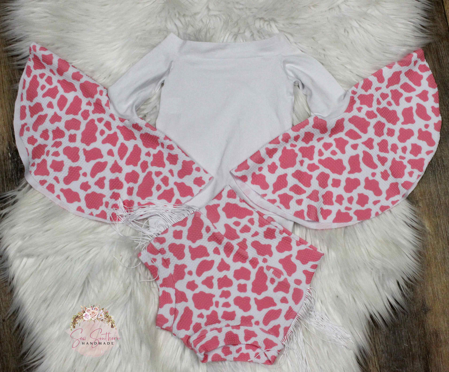 Cassidy Pink Cow Spots Bell Sleeve Leotard and High Waisted Fringed Bummie Outfit
