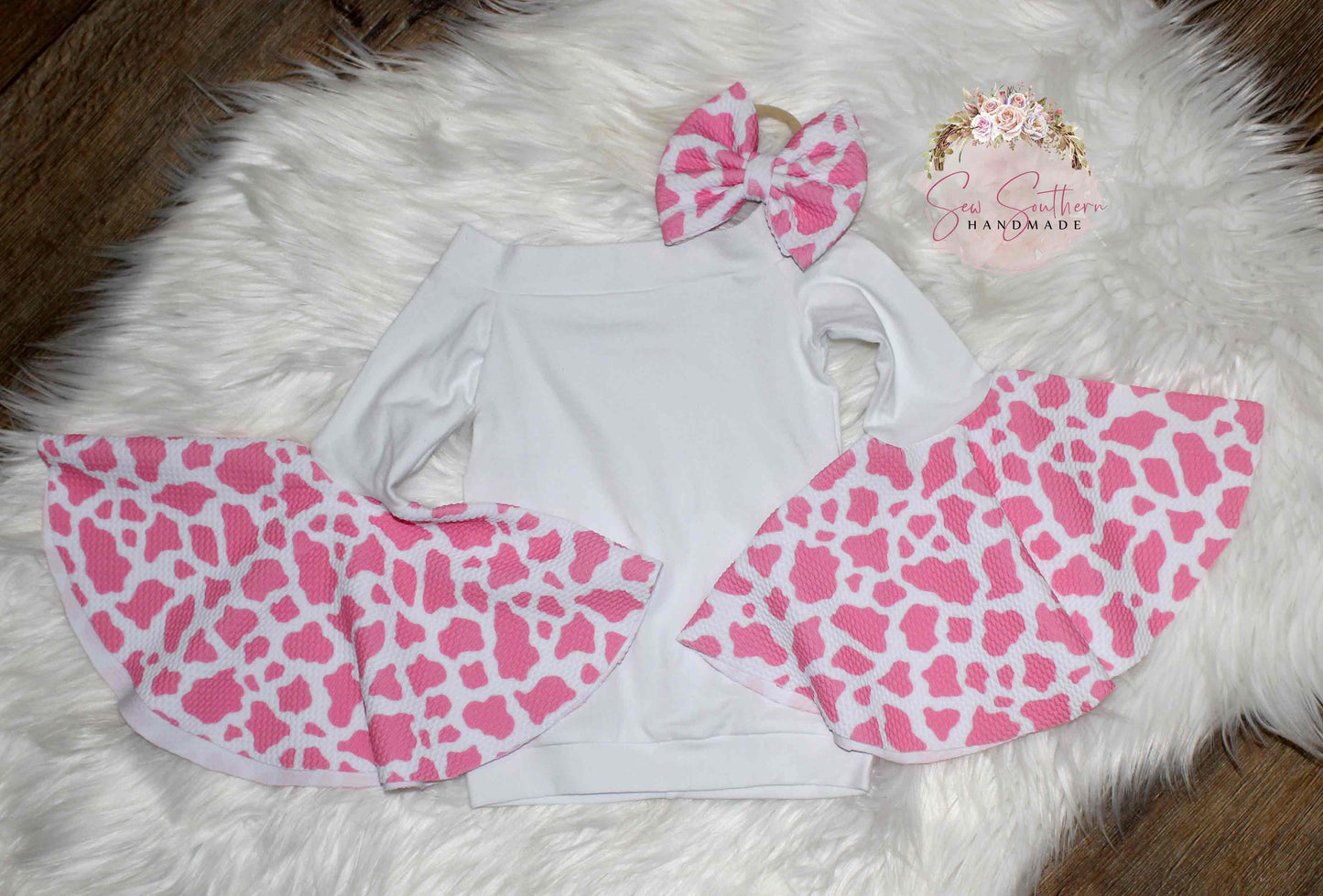 Cassidy Pink Cow Spots Bell Sleeve Leotard and High Waisted Fringed Bummie Outfit
