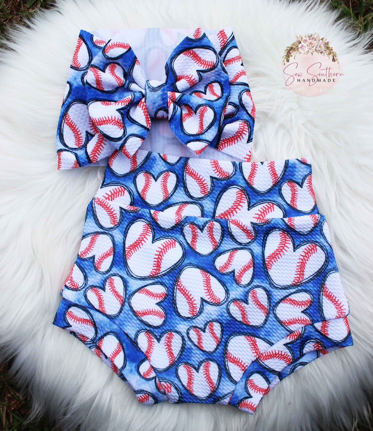 Baseball Hearts Bummie and Bow Set