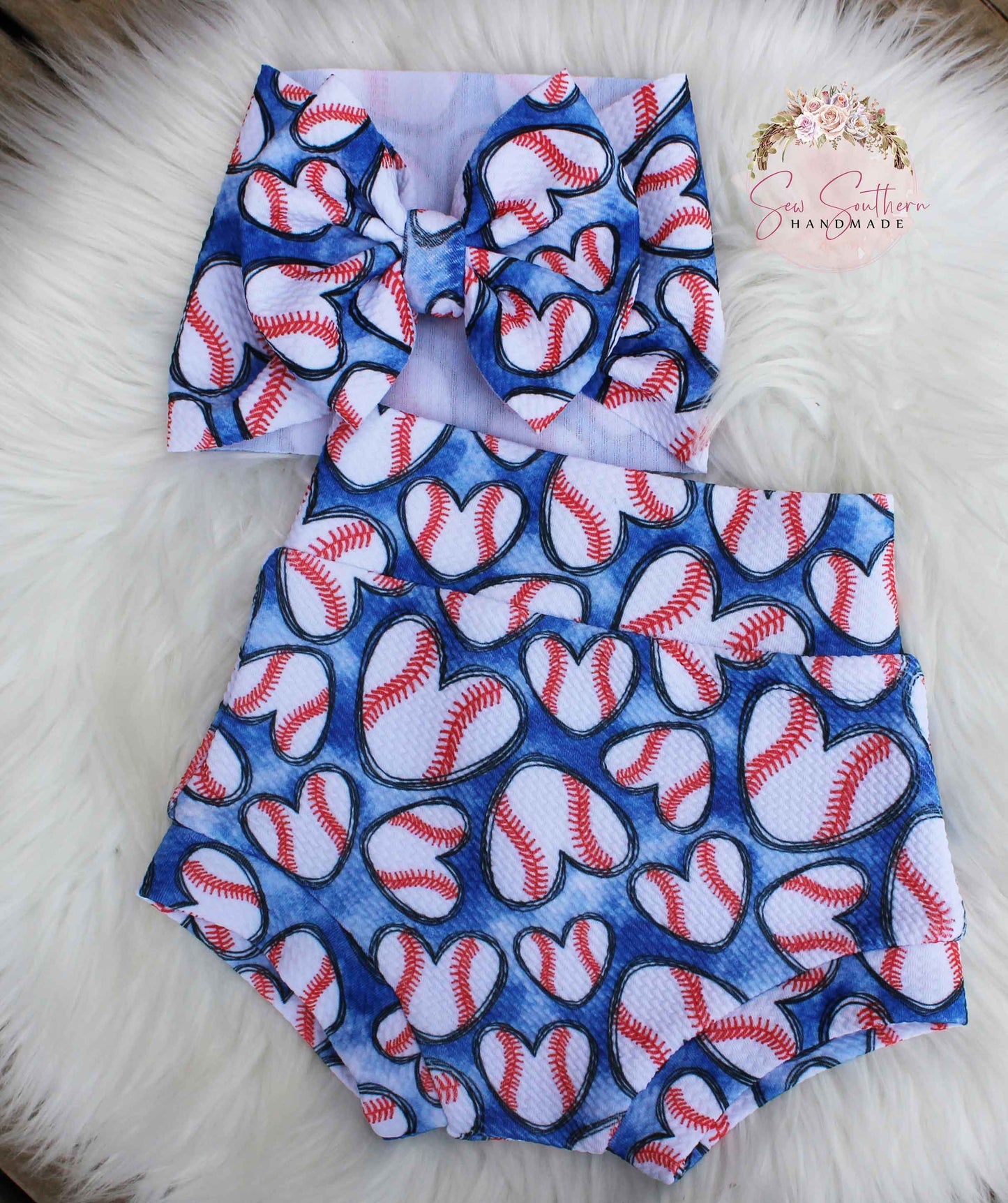 Baseball Hearts Bummie and Bow Set