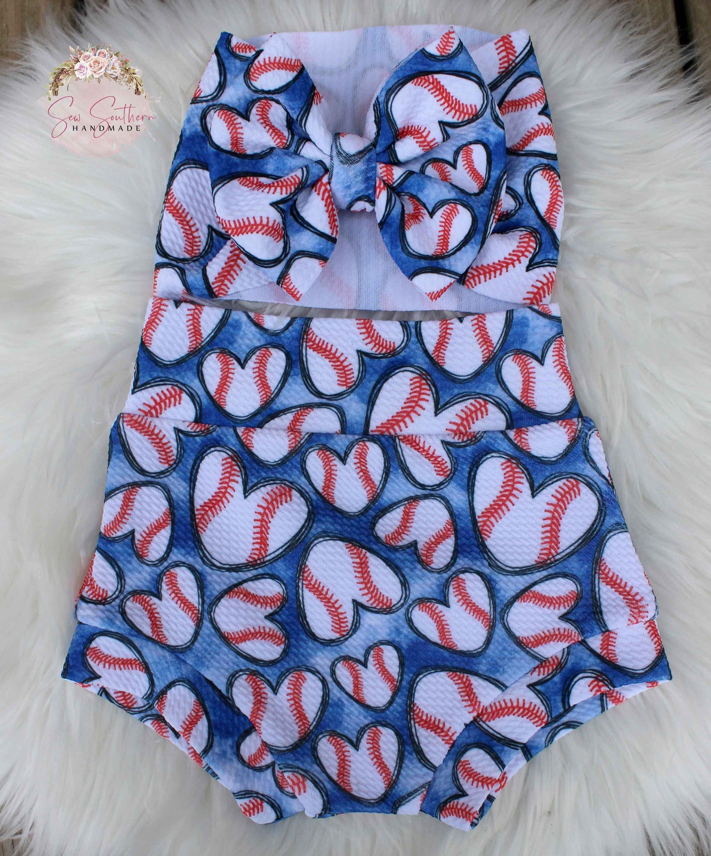Baseball Hearts Bummie and Bow Set