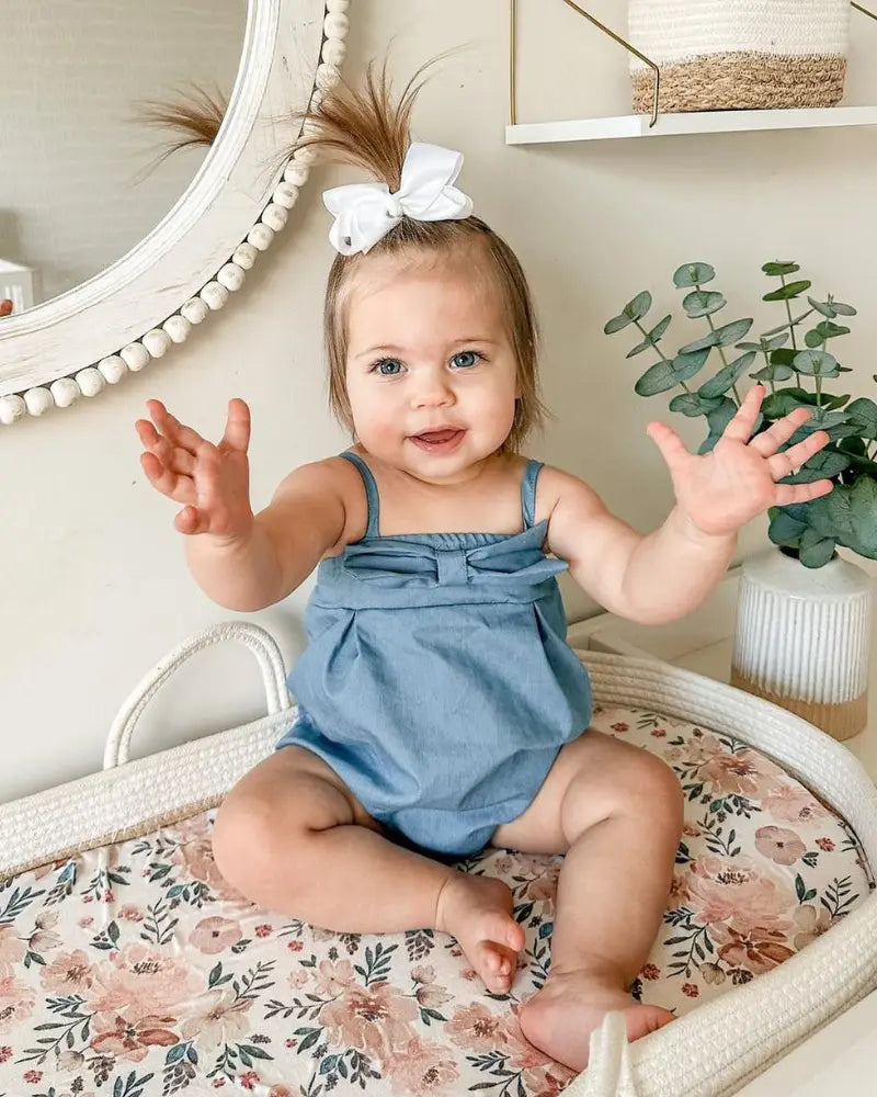 Sofia Bow Front Bubble Romper - Chambray Blue