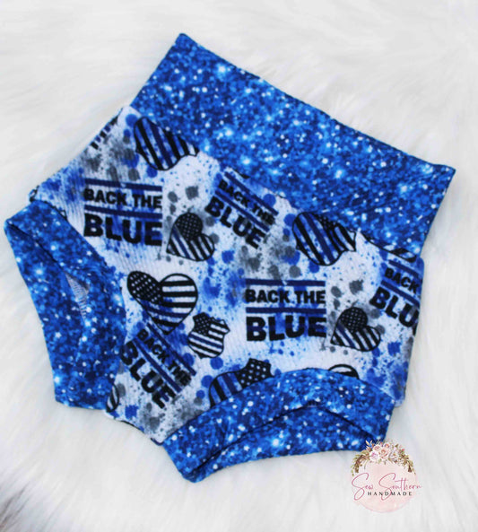 Back The BLUE Bummie, Baby Shorts, Thin Blue Line, High Waisted Bummie Shorts
