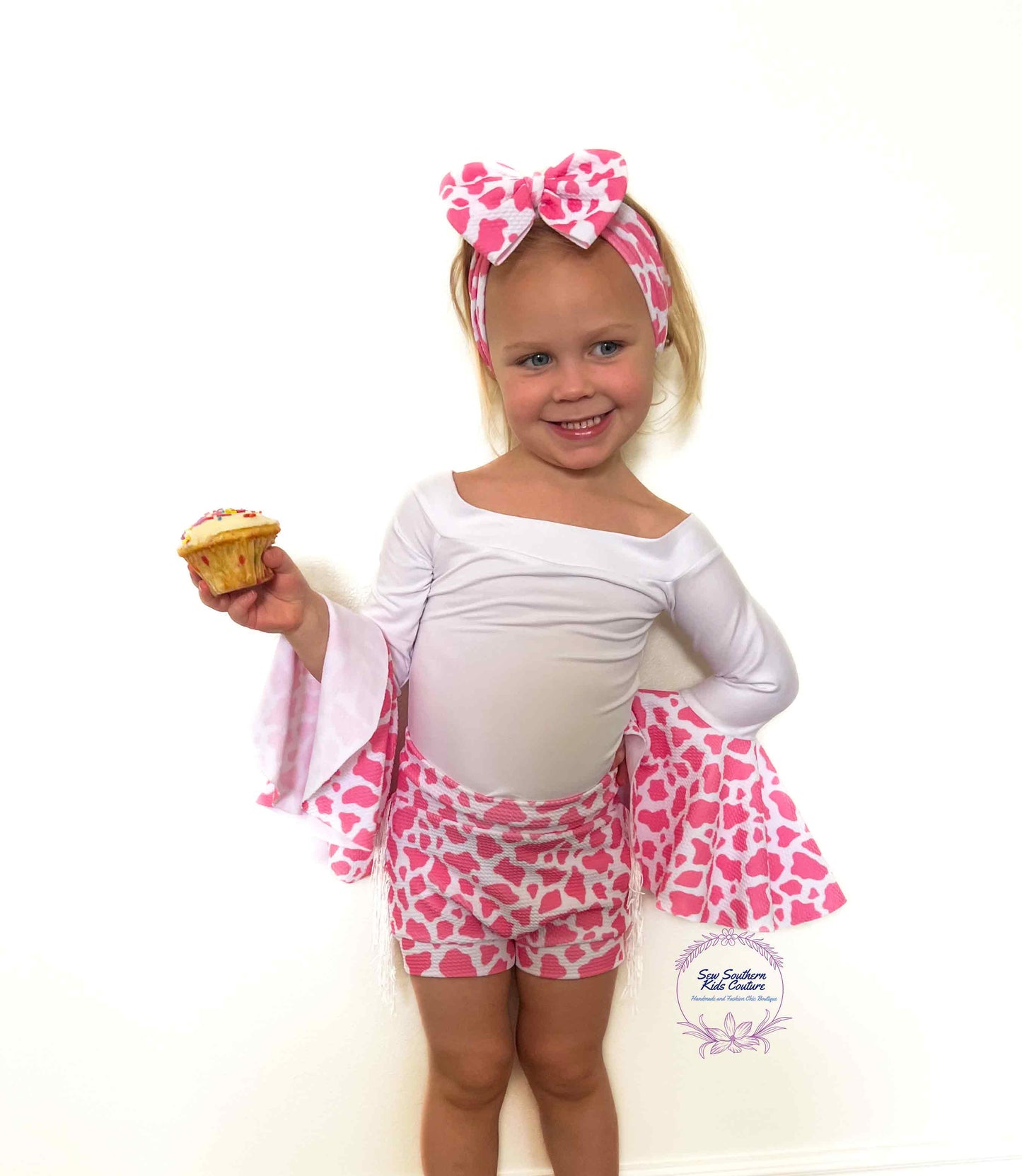 Cassidy Pink Cow Spots Bell Sleeve Leotard and High Waisted Fringed Bummie Outfit