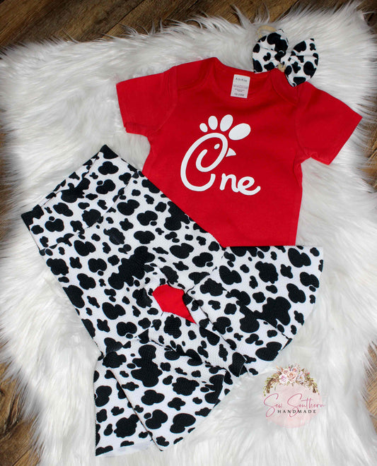 Western Cow Print "One" First Birthday Bell Bottoms and Bodysuit Outfit
