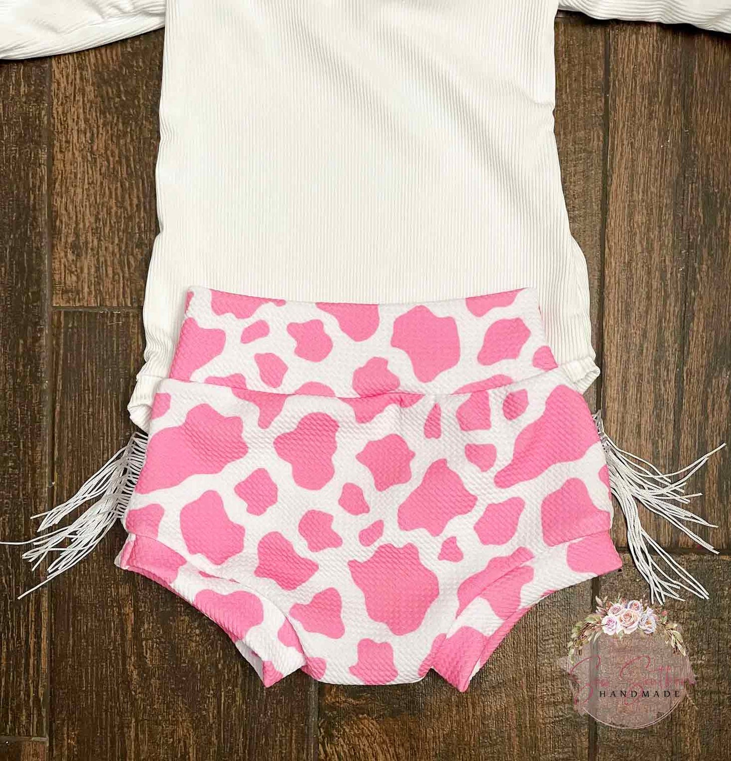 Cassidy Pink Cow Spots Bell Sleeve Leotard and High Waisted Fringed Bummie Outfit