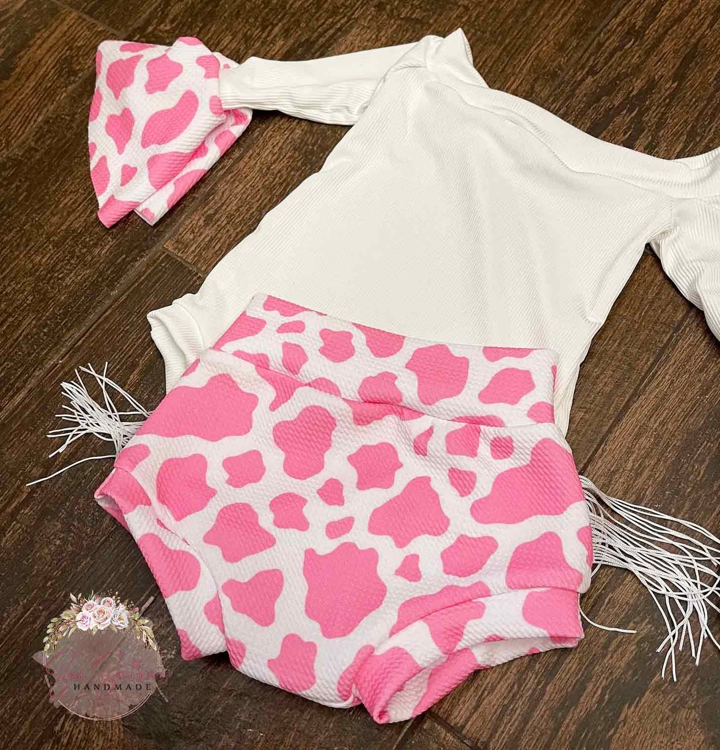 Cassidy Pink Cow Spots Bell Sleeve Leotard and High Waisted Fringed Bummie Outfit