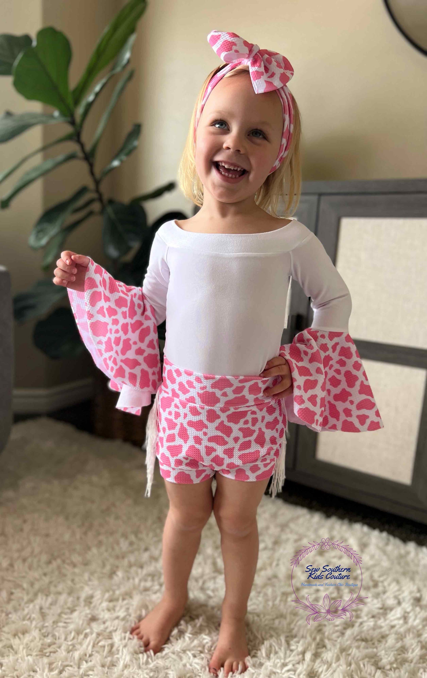 Cassidy Pink Cow Spots Bell Sleeve Leotard and High Waisted Fringed Bummie Outfit