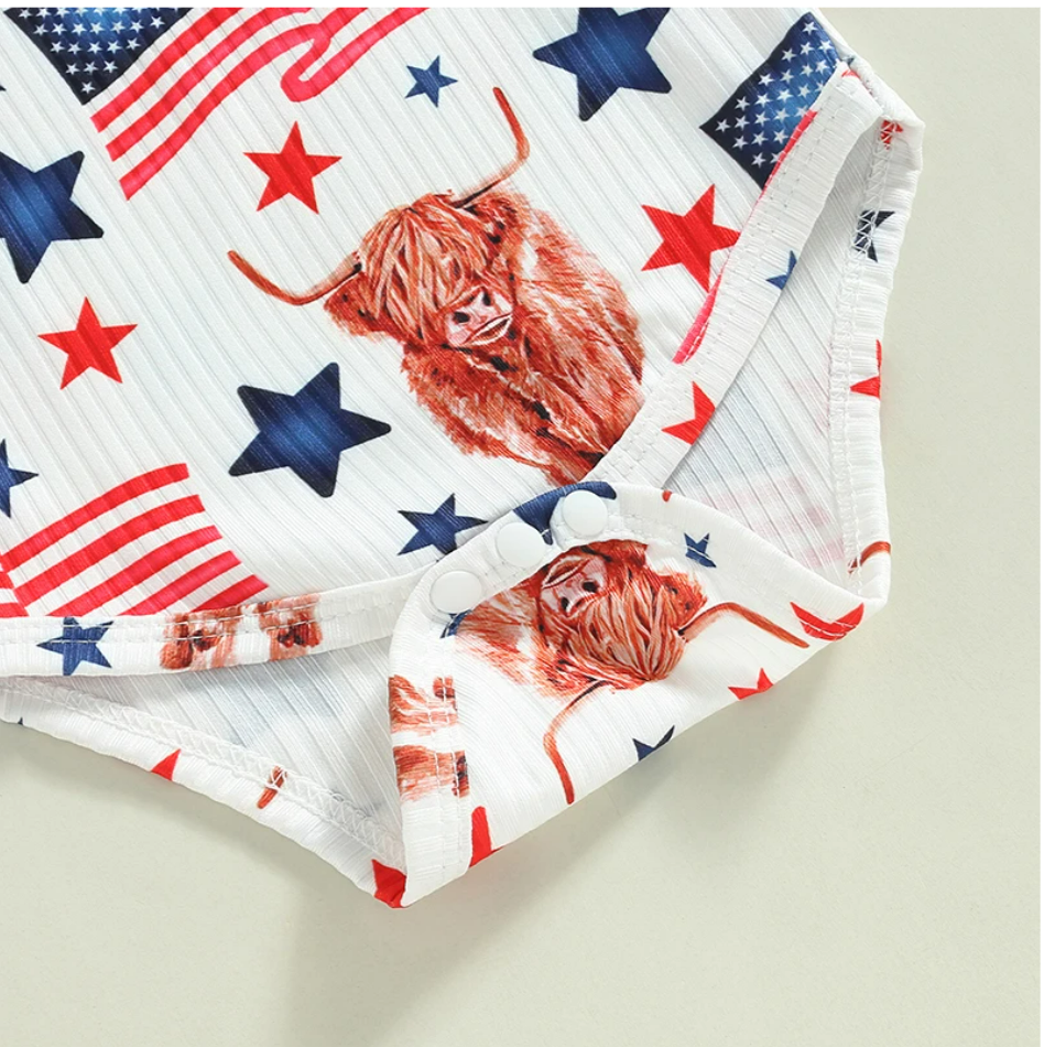 Highland Cow Fourth of July Baby Romper