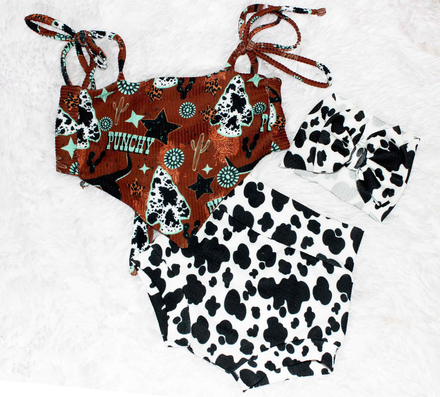 Punchy Western Halter Top and Cow Spot Bummie Set