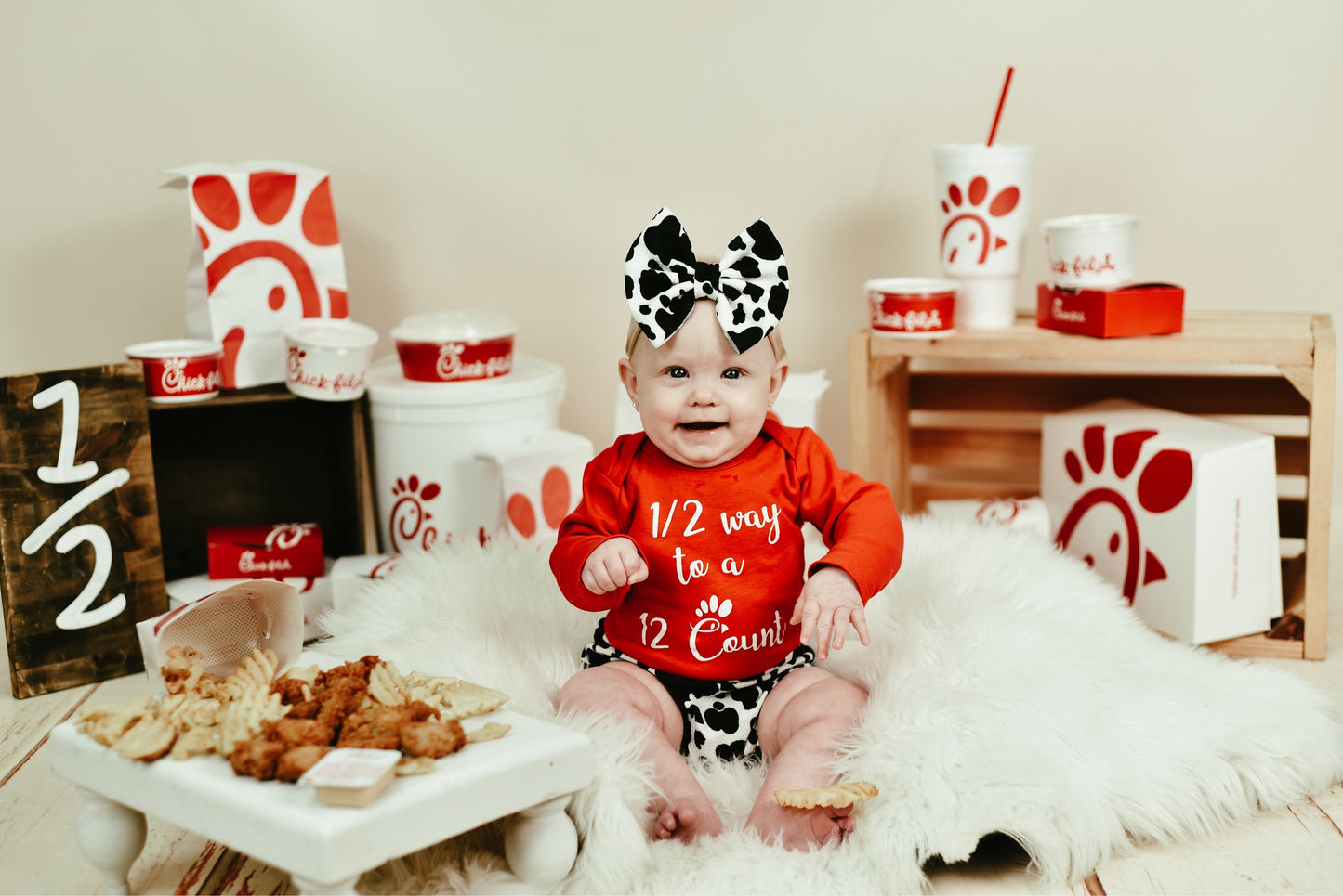 1/2 Way to A 12- Count Chick Fil A Onesie, Bummies and Bow Set
