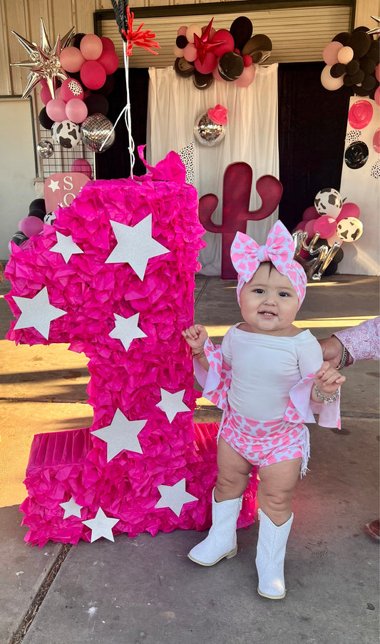 Cassidy Pink Cow Spots Bell Sleeve Leotard and High Waisted Fringed  Bummie Outfit