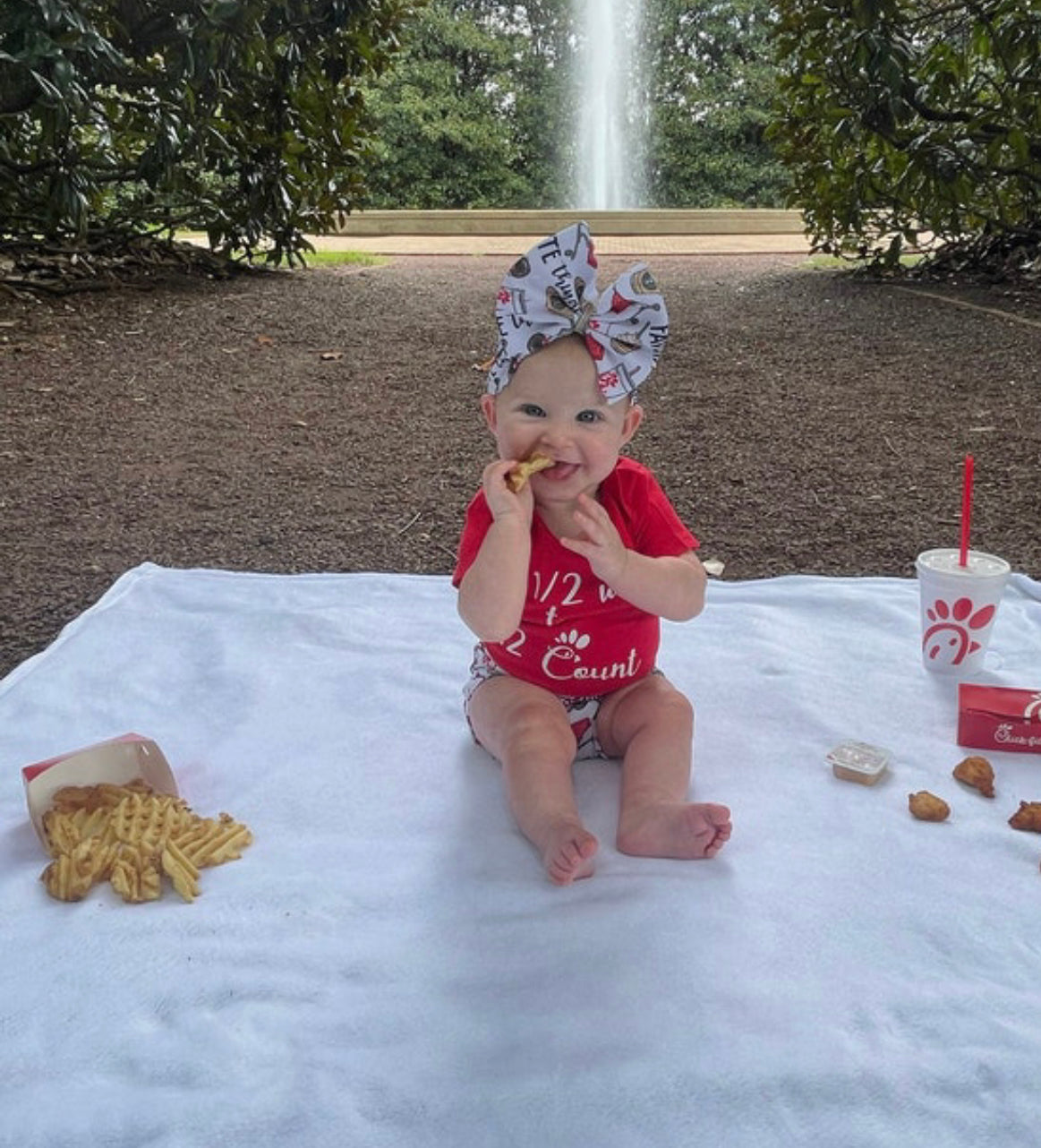 1/2 Way to A 12- Count Chick Fil A Onesie, Bummies and Bow Set