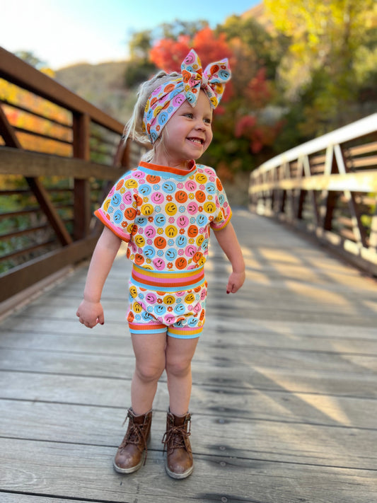 Groovy Vibes Retro Smiley Face 3-Pc. Outfit/ Crop Top, Bummie and Bow Set