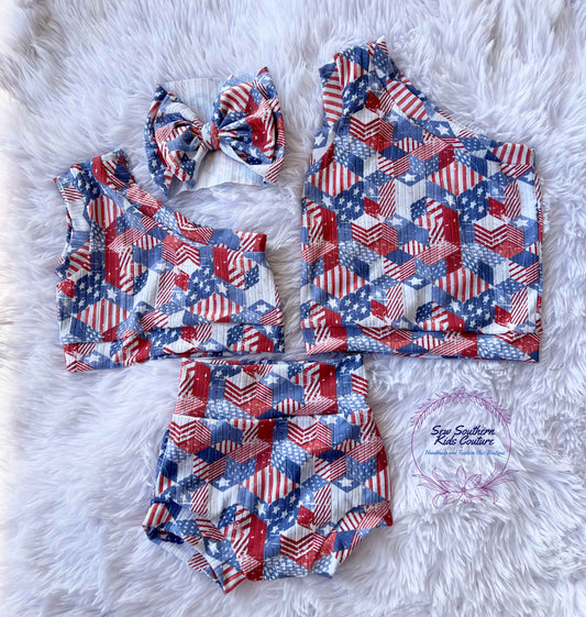 Bummie and One Shoulder Crop Tank Top Patriotic Outfit