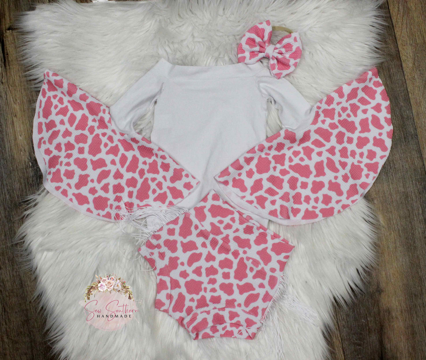 Cassidy Pink Cow Spots Bell Sleeve Leotard and High Waisted Fringed Bummie Outfit