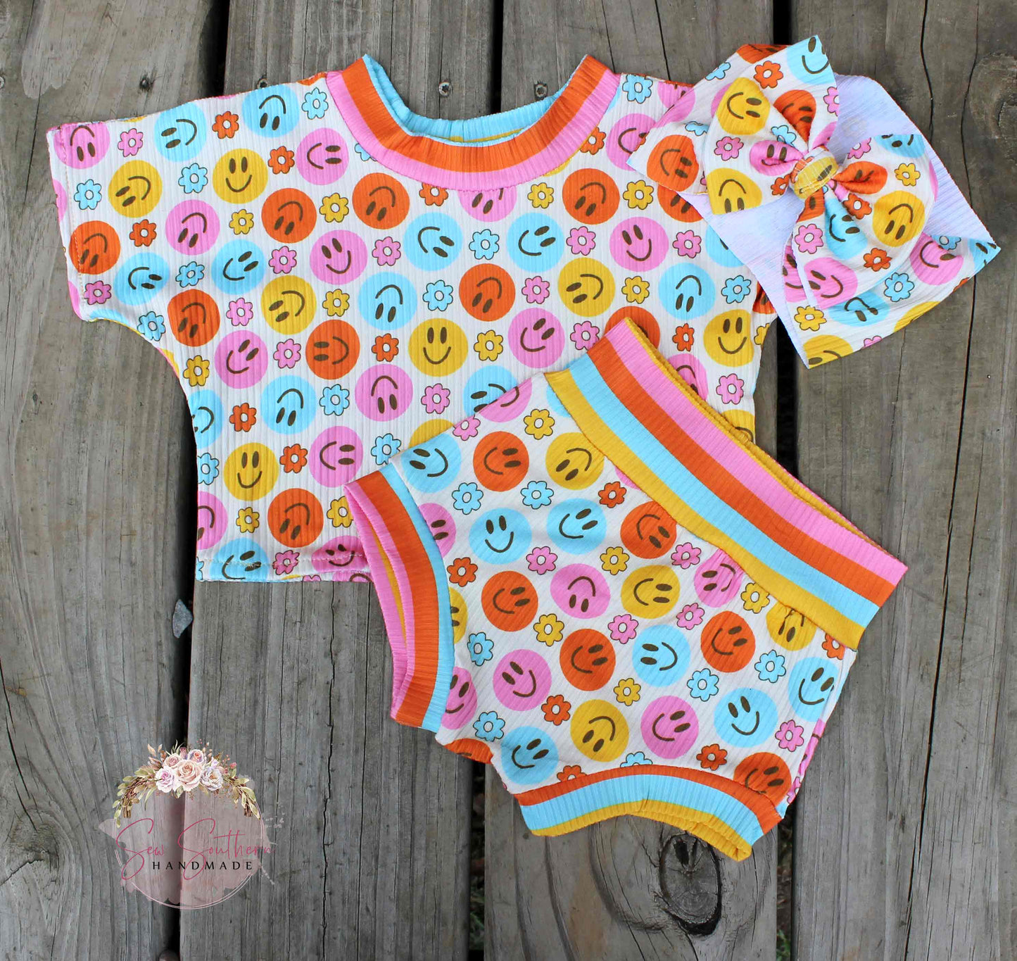 Groovy Vibes Retro Smiley Face 3-Pc. Outfit/ Crop Top, Bummie and Bow Set