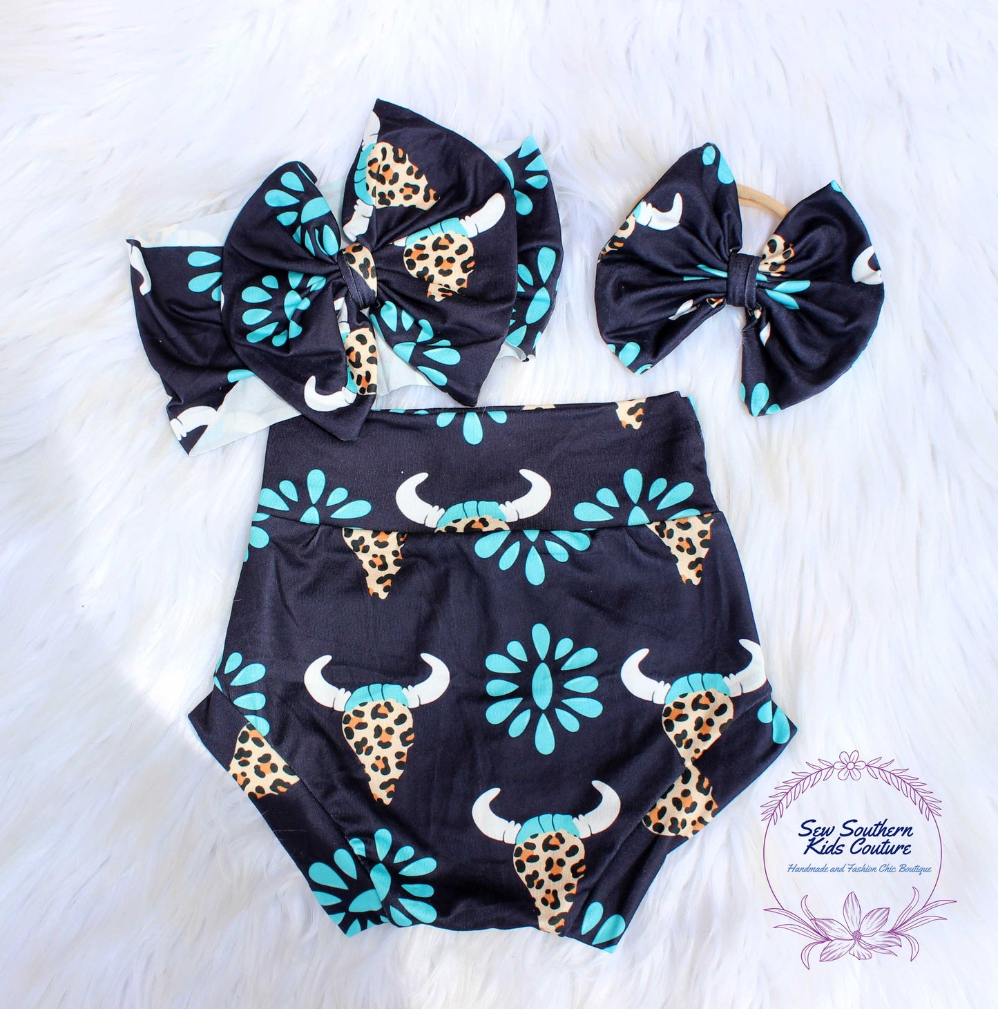 Western Turquoise Bull Skull Bummie and Bow Set