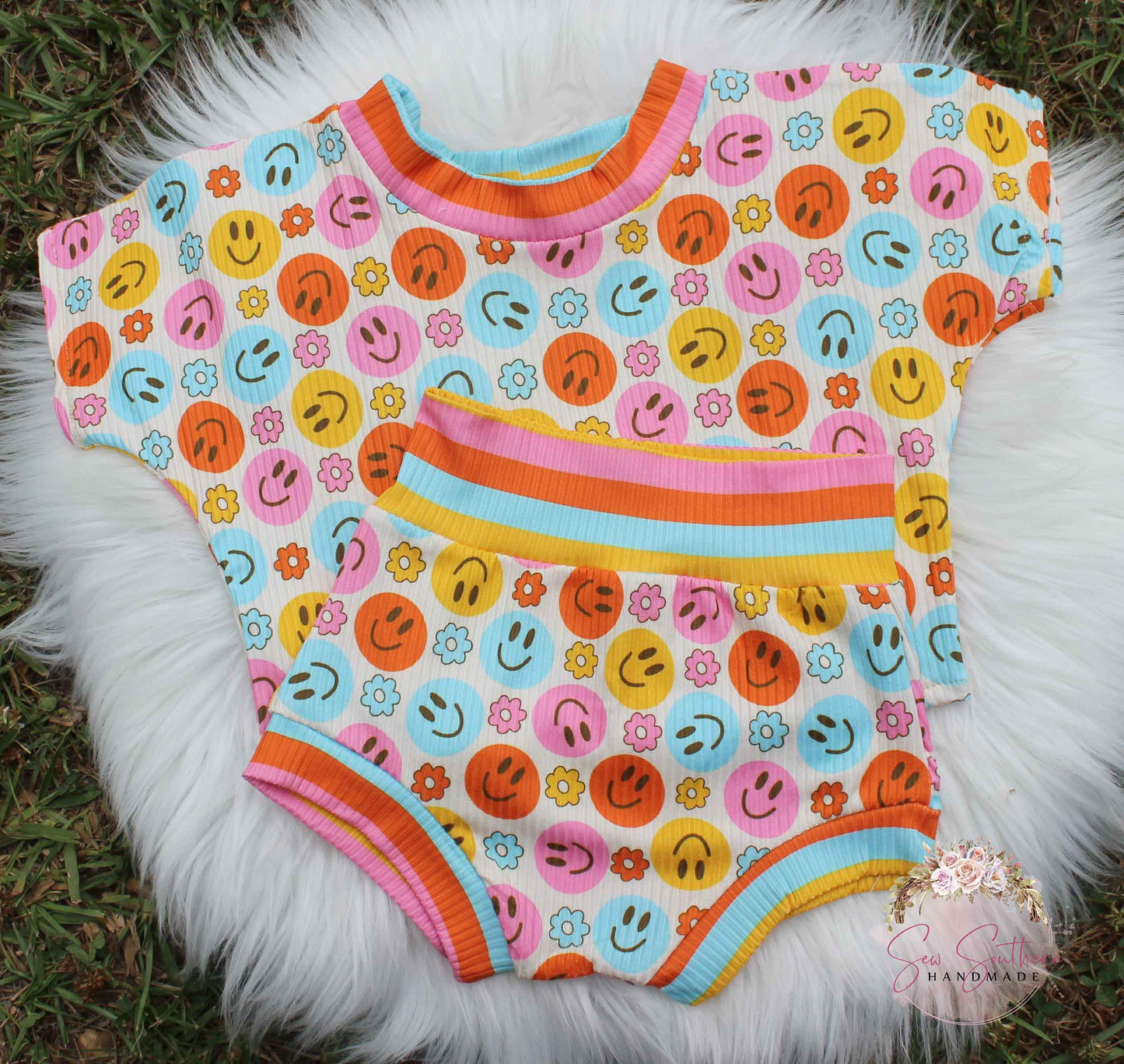 Groovy Vibes Retro Smiley Face 3-Pc. Outfit/ Crop Top, Bummie and Bow Set