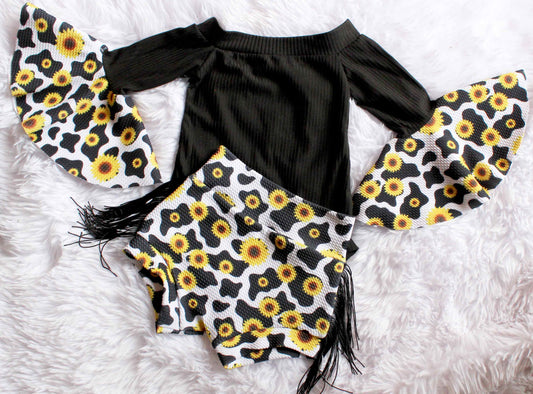 Helena Cow Spots and Sunflowers Bell Sleeve Leotard and High Waisted Fringed  Bummie Outfit