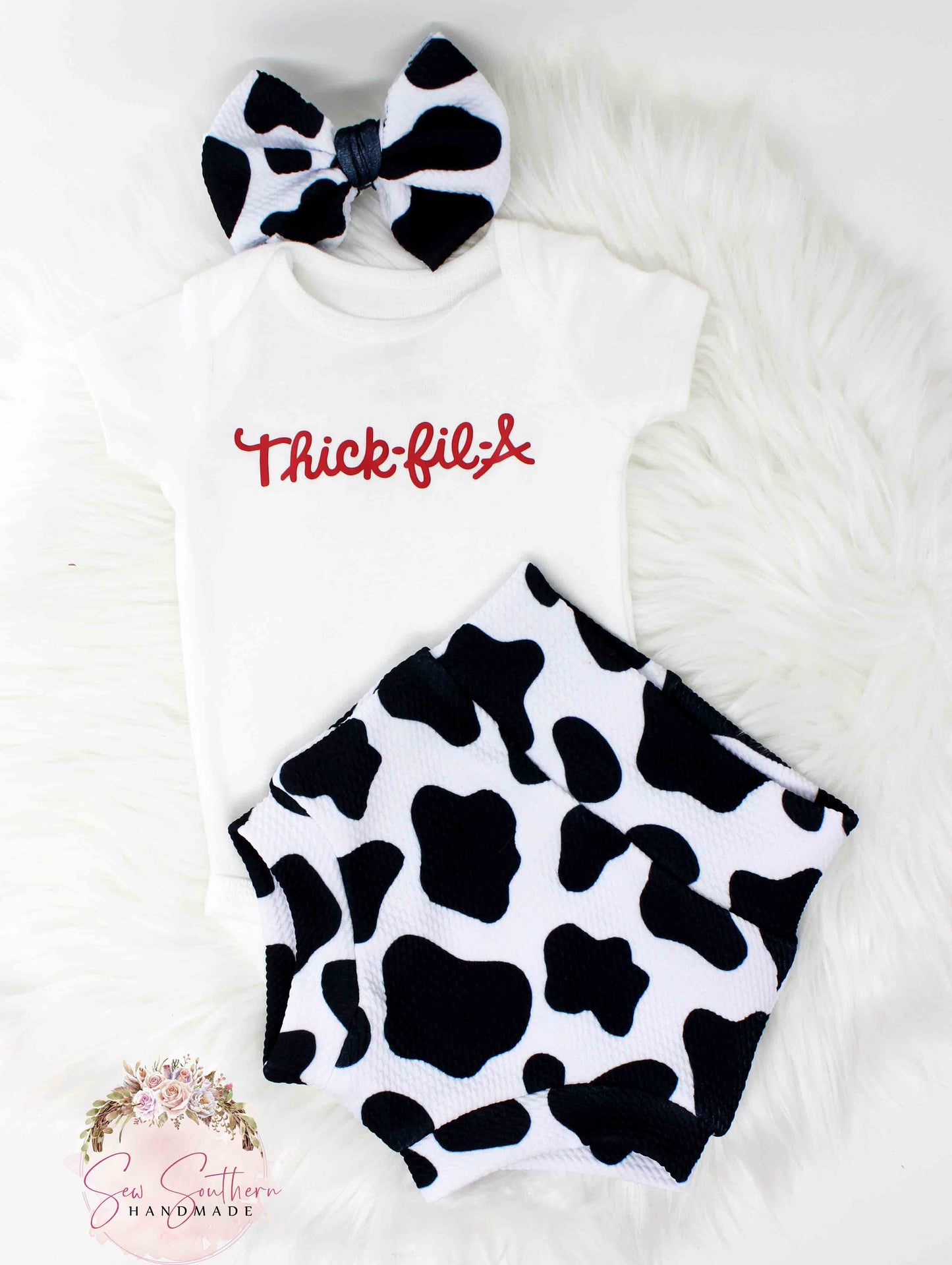 Thick Fil A Baby Bodysuit and Cow Print Bummies with Bow