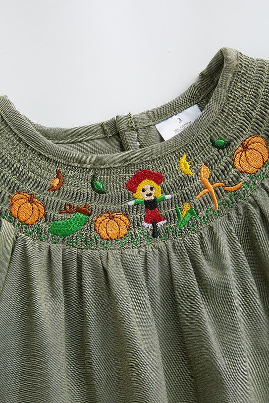 Green Scarecrow Pumpkin Smocked Dress