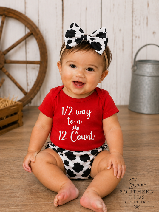 1/2 Way to A 12- Count Chick Fil A Inspired Cow Print Bummie Set/Half Birthday Outfit