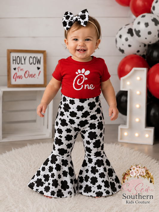 Western Cow Print “One” Birthday Bell Bottom Outfit | First Birthday Girl Set