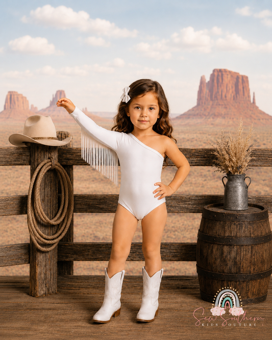 White One Shoulder Fringe Leotard/Girl's Western Fringe Bodysuit/Handmade Boutique Leotard