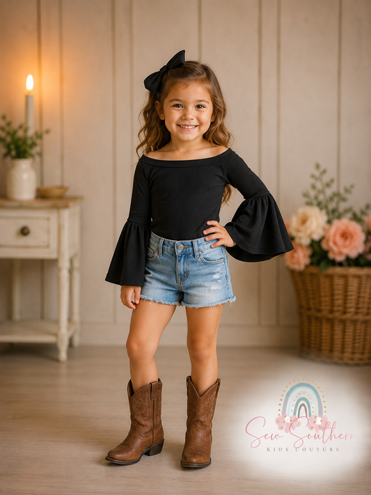 Black Bell Sleeve Leotard for Girls | Western Style Toddler Bodysuit | Rib Knit Off Shoulder Leo | Boutique Cowgirl Outfit